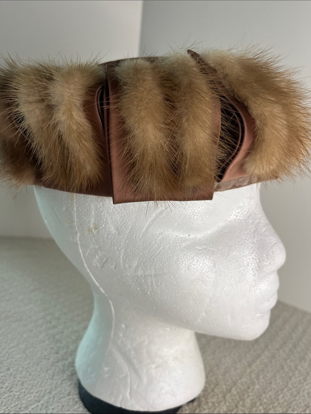 Union Made 1950's Vintage Brown Satin Hat with Mink Tail Trim, mesh interior